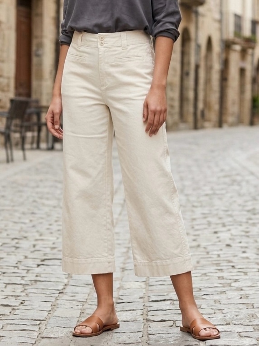 A New Day Off White Wide Leg Crop Pants Size 10 High Rise Stretch Cotton Cream